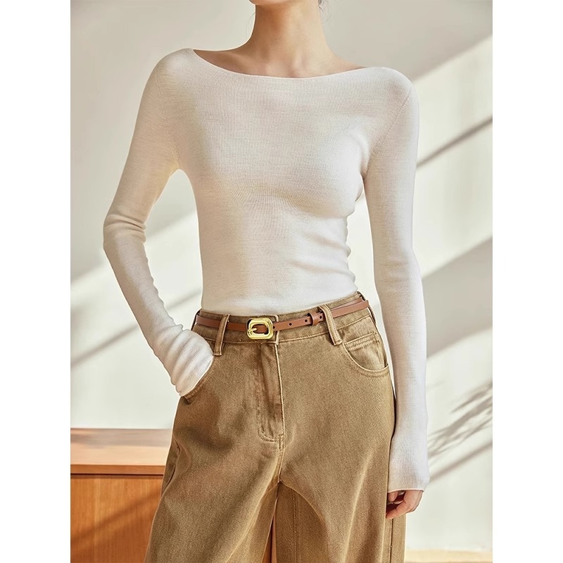 Gyapjú pulóver, egyszínű kötött, hosszú ujjú, szűk fazon