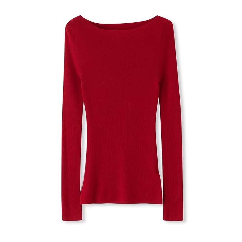 Gyapjú pulóver, egyszínű kötött, hosszú ujjú, szűk fazon