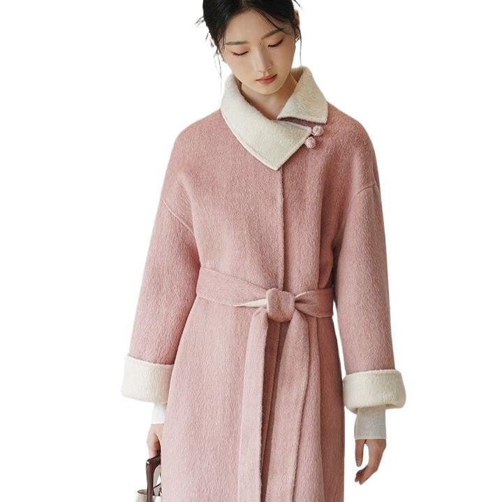 Ženski kratki chenille kaput s vezicama, lažni krzneni ovratnik, opuštenog kroja, korejsko-japanski stil