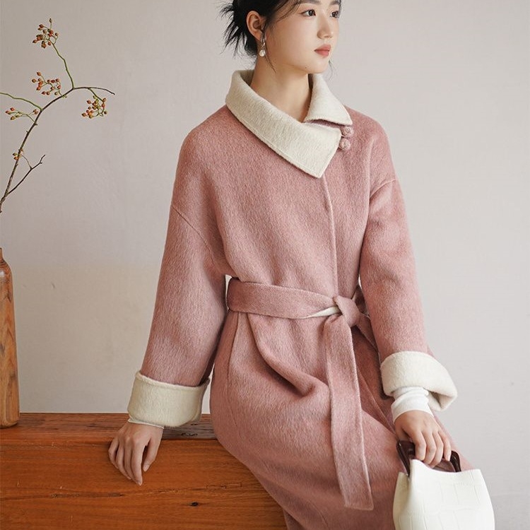 Ženski kratki chenille kaput s vezicama, lažni krzneni ovratnik, opuštenog kroja, korejsko-japanski stil