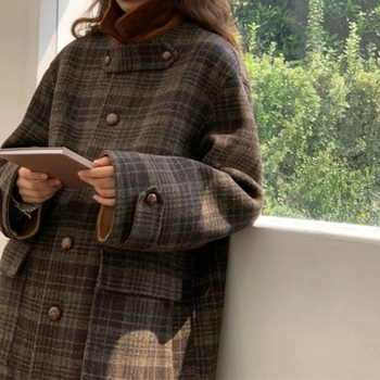 Női hosszú kockás gyapjú kabát, egysoros zárás, vastag anyag, 3D szabás