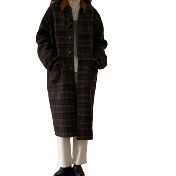 Női hosszú kockás gyapjú kabát, egysoros zárás, vastag anyag, 3D szabás