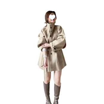 Ženski vuneni kaput s debelom tkaninom, stojeći ovratnik, slobodan kroj, standardna duljina, elegantan gradski stil