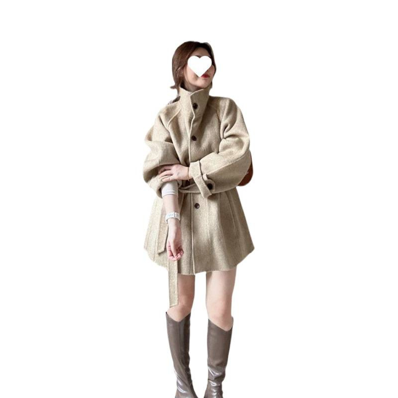 Ženski vuneni kaput s debelom tkaninom, stojeći ovratnik, slobodan kroj, standardna duljina, elegantan gradski stil