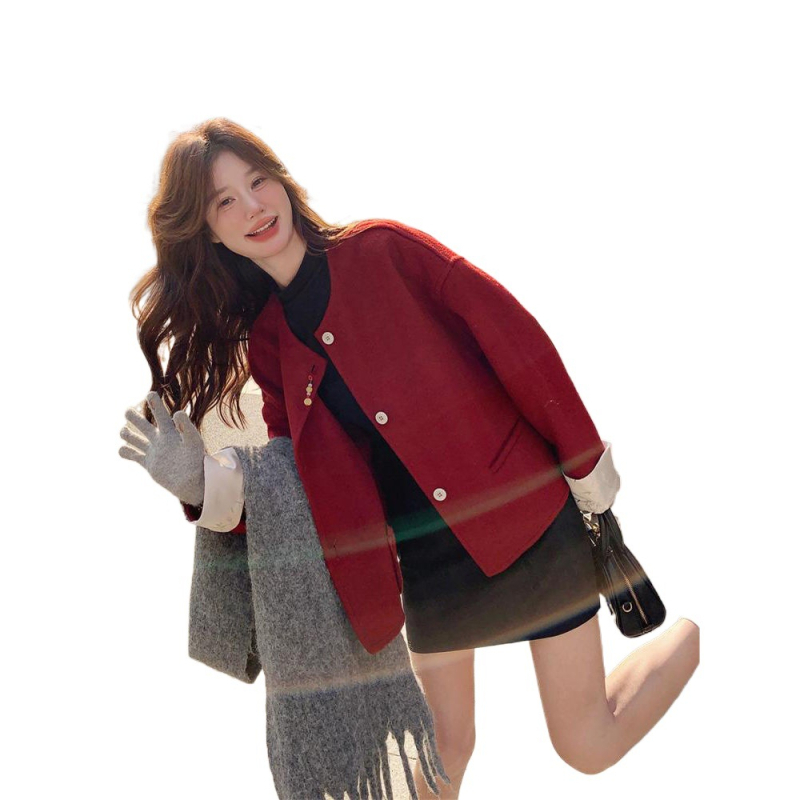Chenille vuneni kratki kaput, okrugli ovratnik, 3/4 rukavi, korejsko-japanski ležerni stil, elastan <30%