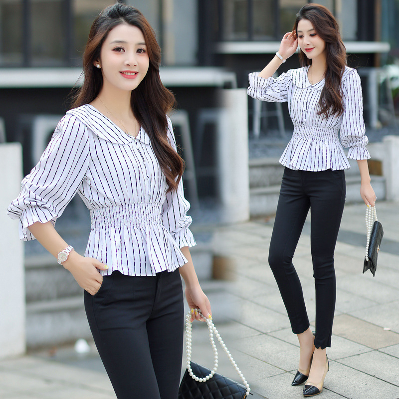 Риза на райета с дълъг ръкав, doll collar, тясна кройка