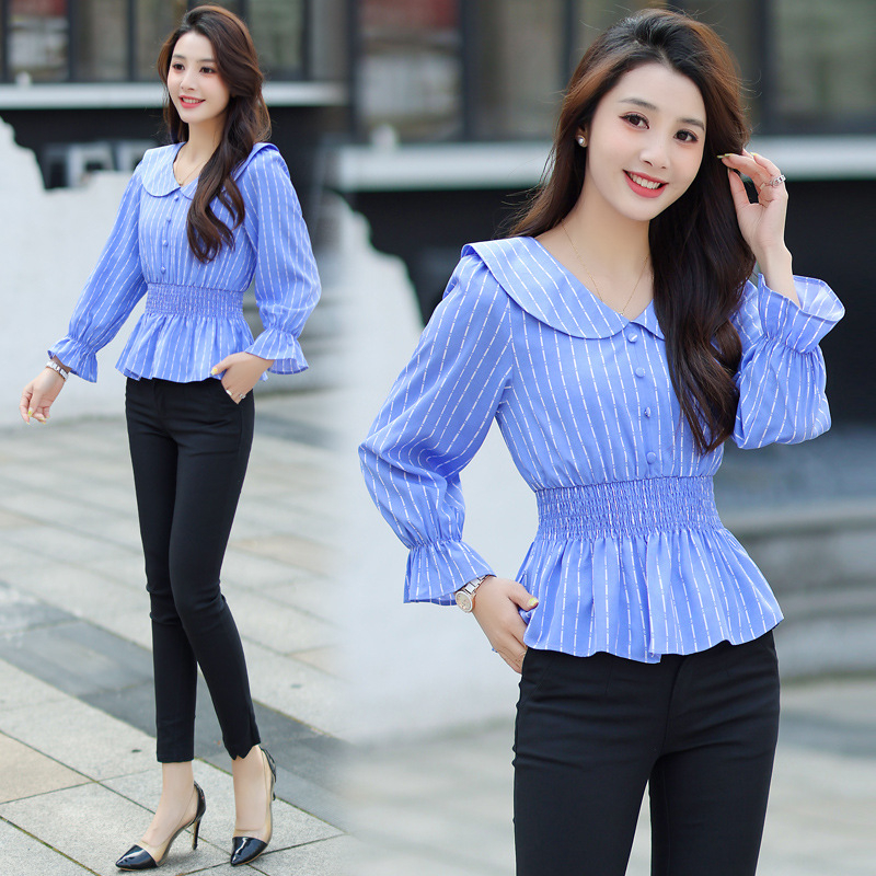 Риза на райета с дълъг ръкав, doll collar, тясна кройка