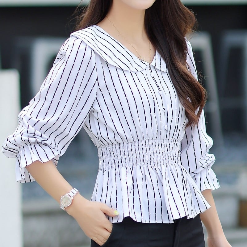 Риза на райета с дълъг ръкав, doll collar, тясна кройка