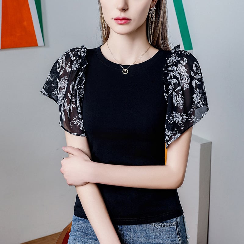 Tricou damă slim-fit, mâneci tip petală, imprimeu floral, amestec bumbac-elastan, guler rotund, Vara 2024