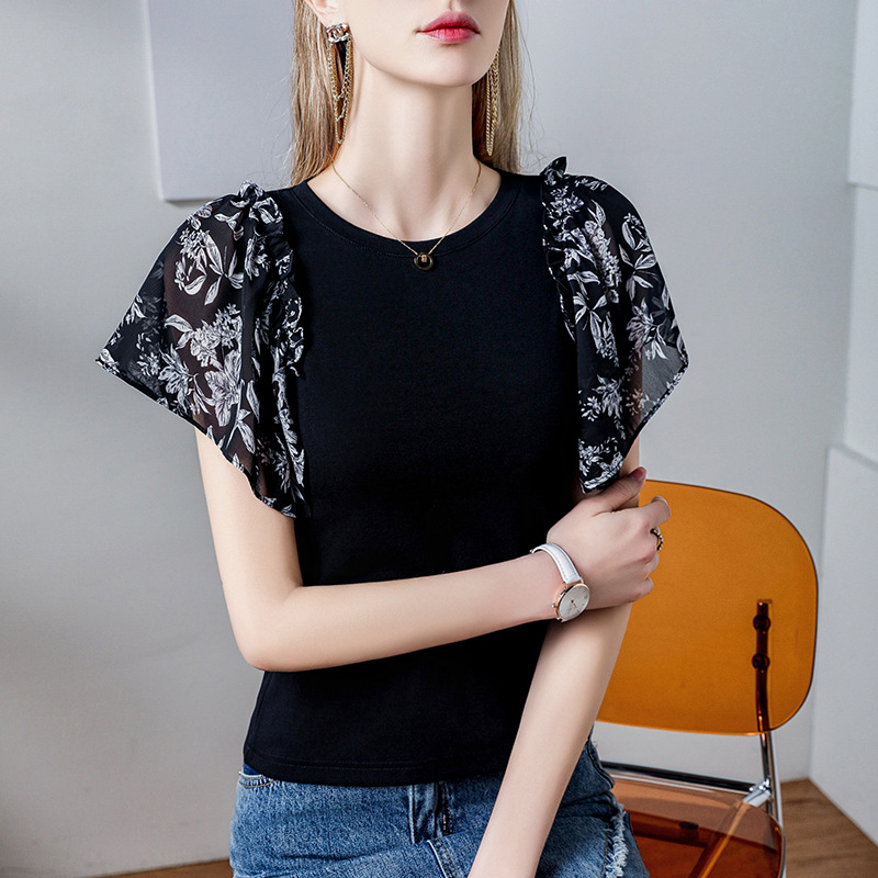 Tricou damă slim-fit, mâneci tip petală, imprimeu floral, amestec bumbac-elastan, guler rotund, Vara 2024