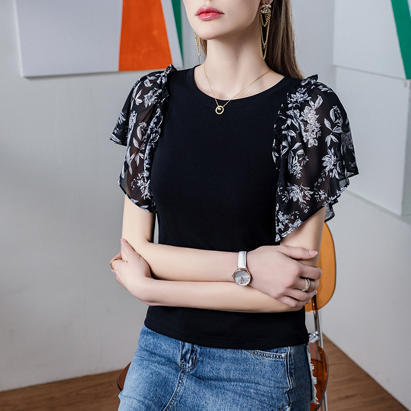 Tricou damă slim-fit, mâneci tip petală, imprimeu floral, amestec bumbac-elastan, guler rotund, Vara 2024