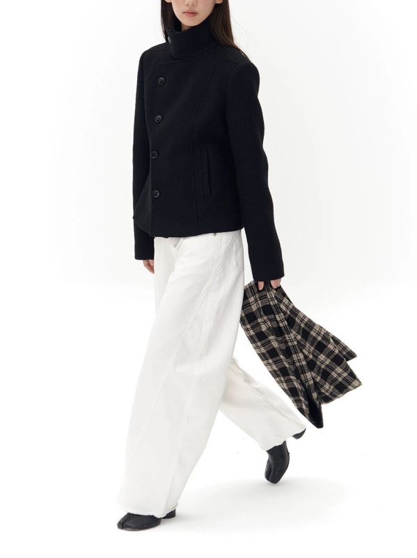 Женско вълнено яке – стояща яка, закопчаване с диск, плътно и топло, зима 2025, стил японско/корейско свободно облекло