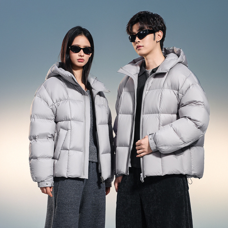 Unisex puffer jakna s kapuljom, kratka, 80–85% kačjeg perja, zimska jakna