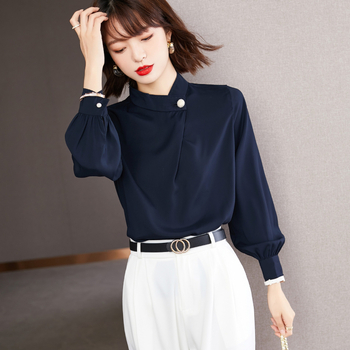 Cămașă office pentru femei - fibră poliesterică, guler înalt, mâneci tip lantern, mânecă lungă, stil pull-on