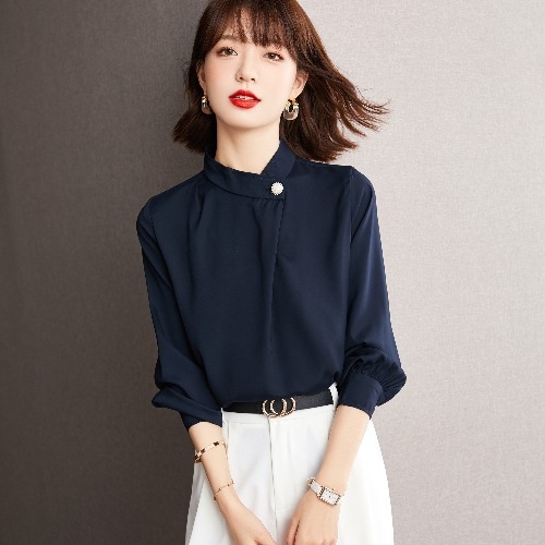 Cămașă office pentru femei - fibră poliesterică, guler înalt, mâneci tip lantern, mânecă lungă, stil pull-on