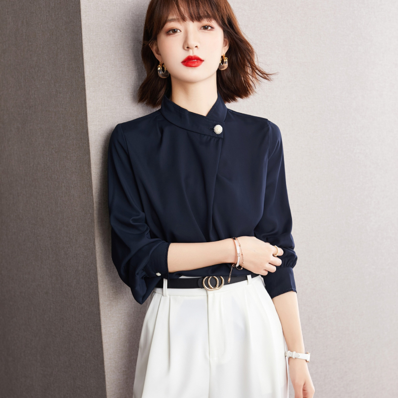 Cămașă office pentru femei - fibră poliesterică, guler înalt, mâneci tip lantern, mânecă lungă, stil pull-on