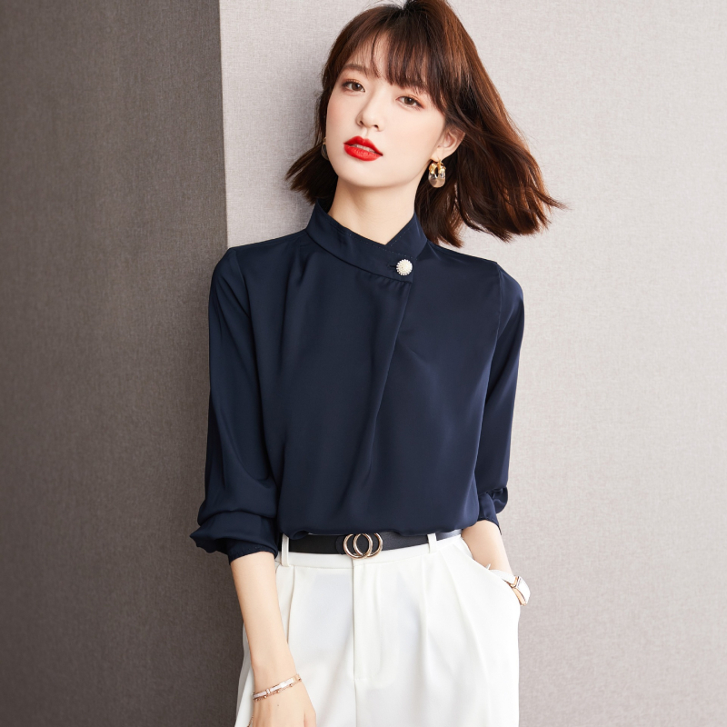 Cămașă office pentru femei - fibră poliesterică, guler înalt, mâneci tip lantern, mânecă lungă, stil pull-on