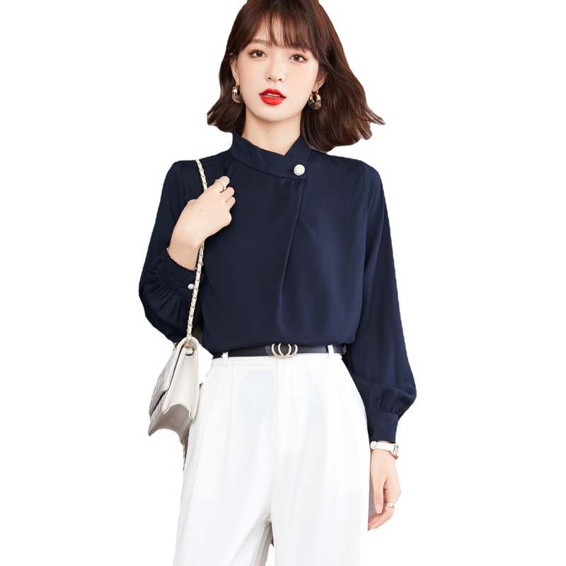 Cămașă office pentru femei - fibră poliesterică, guler înalt, mâneci tip lantern, mânecă lungă, stil pull-on