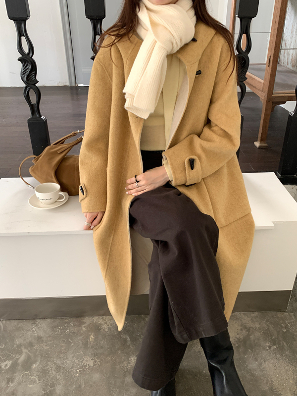 Ženski vuneni kaput s kapuljom, dvostrani, debeli materijal, širok kroj, korejski stil