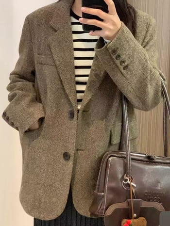 Женско късо сако от Chenille с рибена кост, спандексова смес, едноредово закопчаване, есен 2025