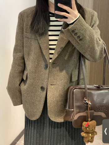 Женско късо сако от Chenille с рибена кост, спандексова смес, едноредово закопчаване, есен 2025