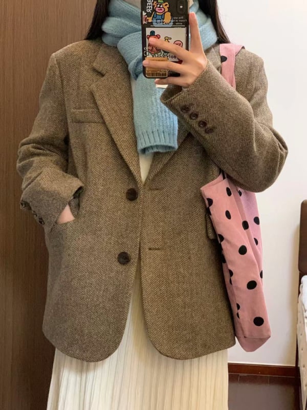 Женско късо сако от Chenille с рибена кост, спандексова смес, едноредово закопчаване, есен 2025