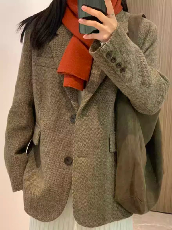 Женско късо сако от Chenille с рибена кост, спандексова смес, едноредово закопчаване, есен 2025