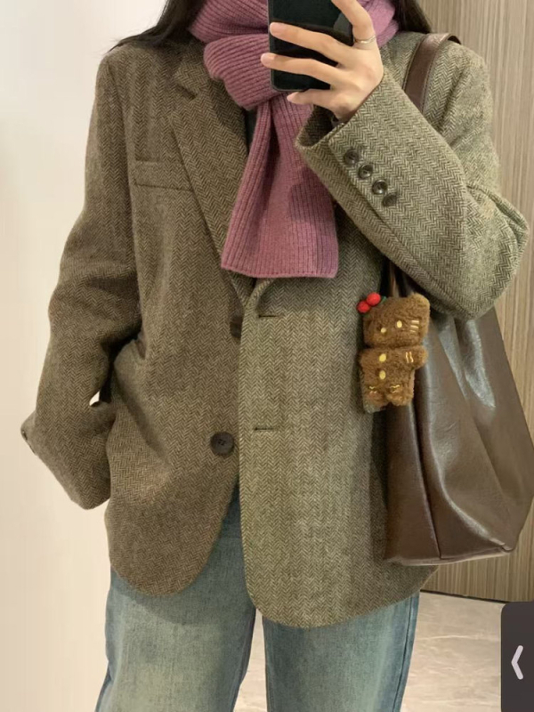 Женско късо сако от Chenille с рибена кост, спандексова смес, едноредово закопчаване, есен 2025