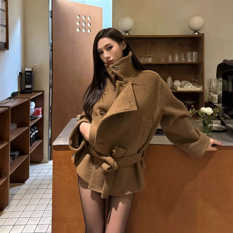 Вълнено палто с яка от изкуствен косъм, Chenille плат, дебело зимно облекло, талия подчертана кройка, японско-корейски стил