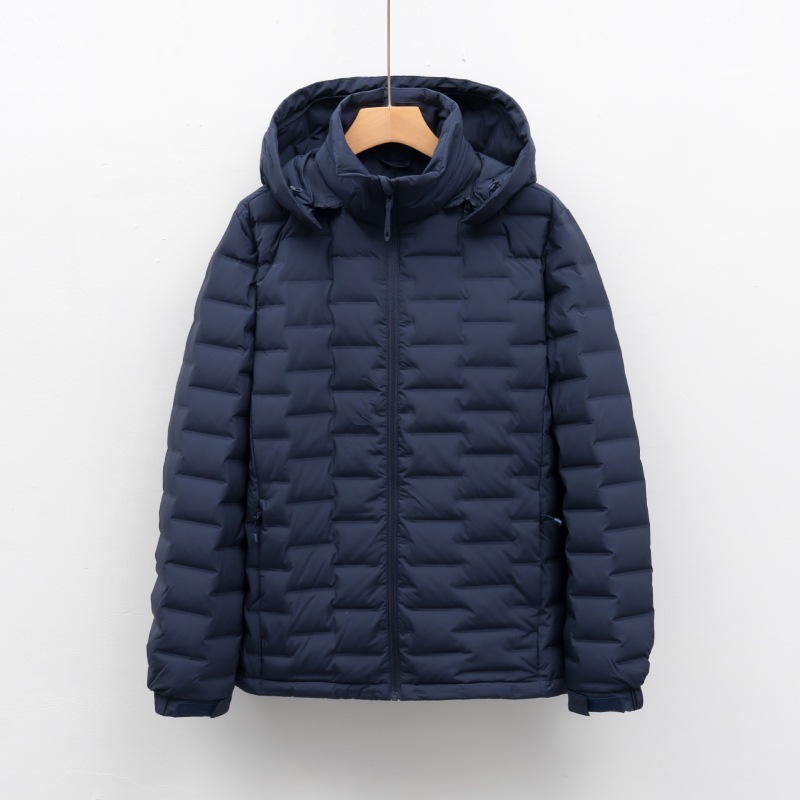 Férfiaknak készült könnyű téli pehelykabát, álló gallérral, 86–90% pehelytartalom, 100 töltet, -5°C–0°C védelem