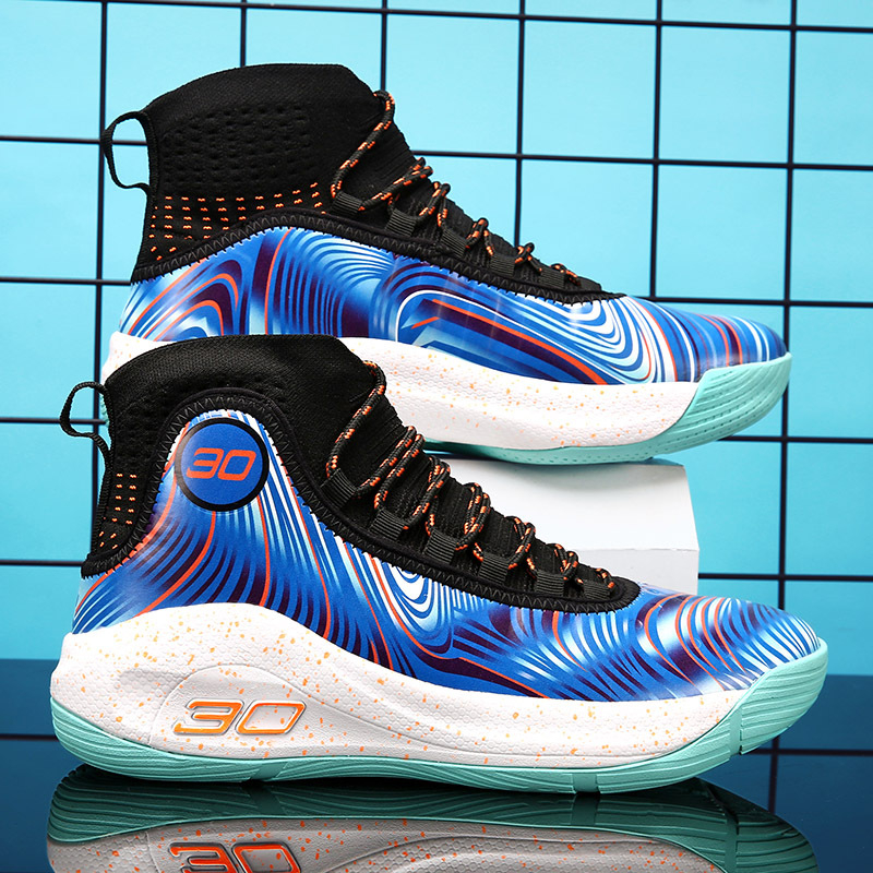 Pantofi de baschet cu guler înalt, partea superioară din plasă, șireturi frontale, respirabili, ușori și rezistenți la uzură, talpă din cauciuc antiderapant