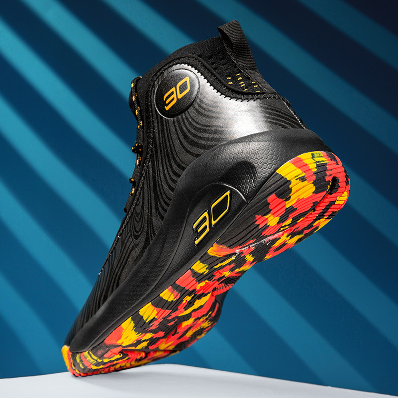 Pantofi de baschet cu guler înalt, partea superioară din plasă, șireturi frontale, respirabili, ușori și rezistenți la uzură, talpă din cauciuc antiderapant