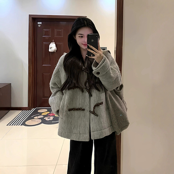 Chenille палто за жени в стил Хепбърн, корейско вдъхновение, зимно 2025, с рогови ръкави и пухена яка