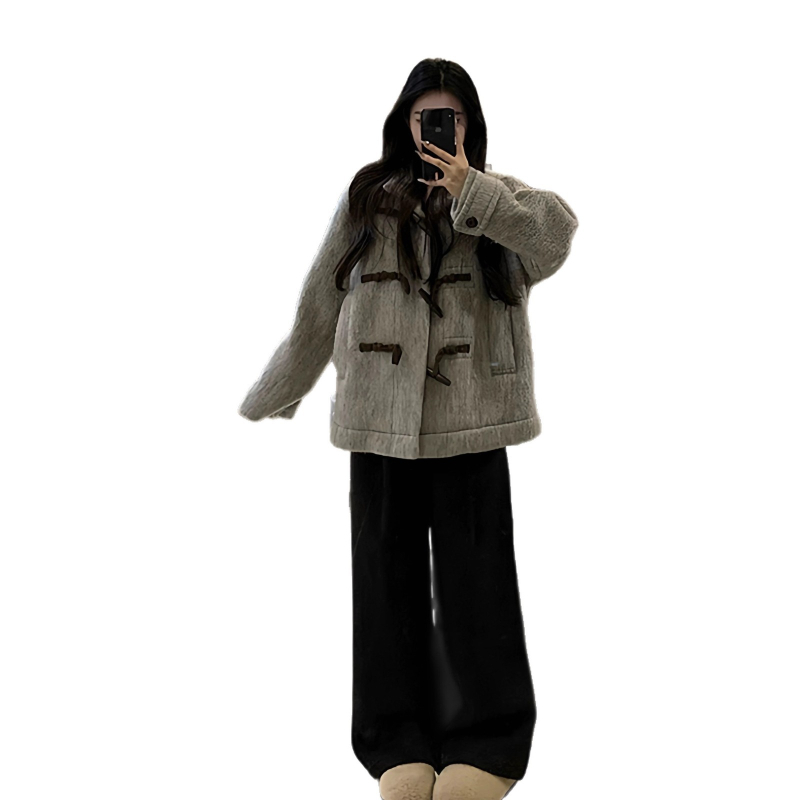 Chenille палто за жени в стил Хепбърн, корейско вдъхновение, зимно 2025, с рогови ръкави и пухена яка