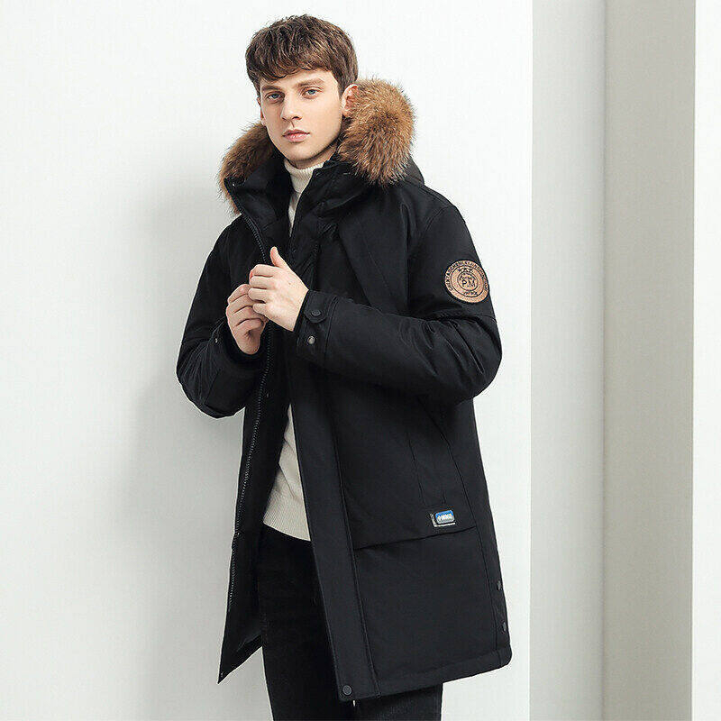 Jachetă de puf pentru bărbați, lungime medie, cu glugă și fermoar, umplutură din puf de rață alb