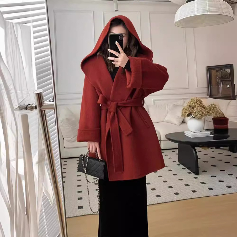 Ženski vuneni kaput s kapuljačom, dugi rukavi, srednje debljine, srednje duljine, korejski stil
