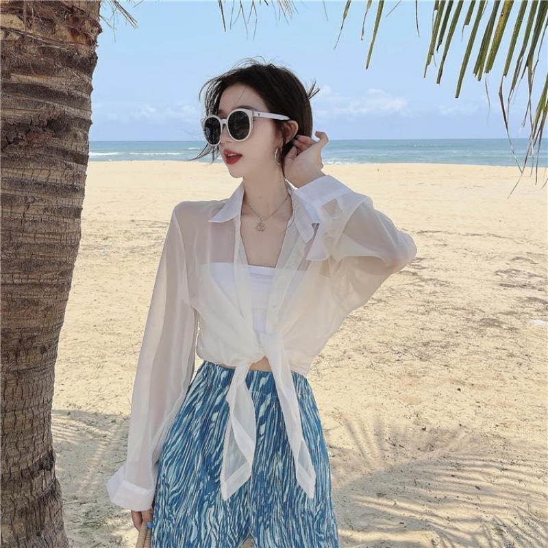 Cardigan din chiffon cu protecție solară pentru femei – mâneci lungi, guler de cămașă, potrivire de culoare, stil urban, primăvara 2024