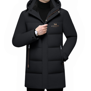 Мъжко дълго пухено яке с качулка, Slim-fit, подвижна подплата, пълнеж бял гъши пух, защита от студ: нормална (-20°C до -5°C)