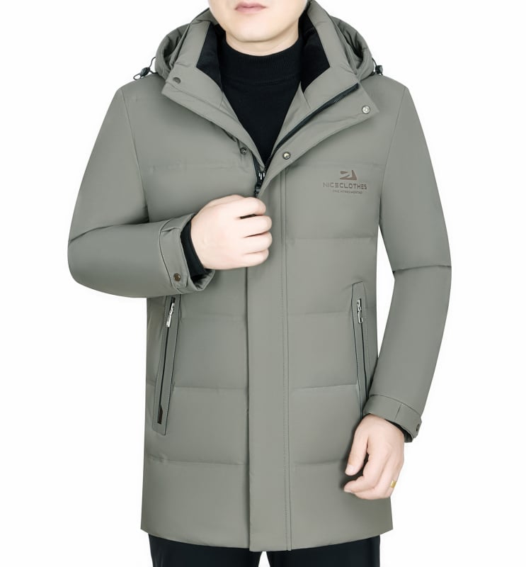 Мъжко дълго пухено яке с качулка, Slim-fit, подвижна подплата, пълнеж бял гъши пух, защита от студ: нормална (-20°C до -5°C)