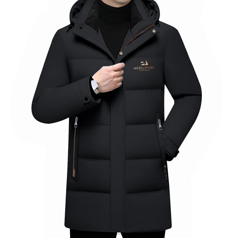 Мъжко дълго пухено яке с качулка, Slim-fit, подвижна подплата, пълнеж бял гъши пух, защита от студ: нормална (-20°C до -5°C)