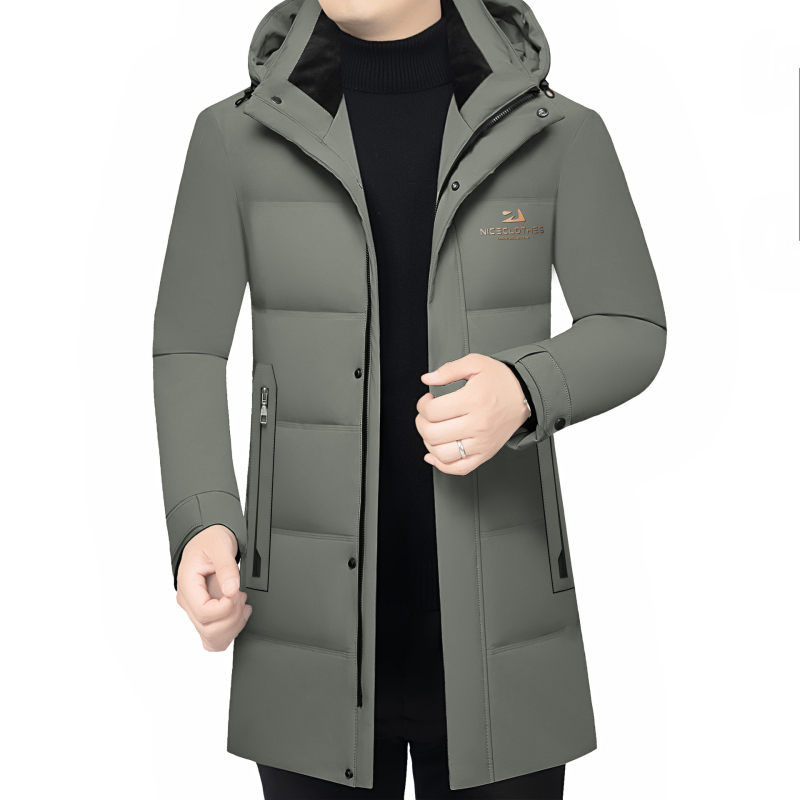 Мъжко дълго пухено яке с качулка, Slim-fit, подвижна подплата, пълнеж бял гъши пух, защита от студ: нормална (-20°C до -5°C)