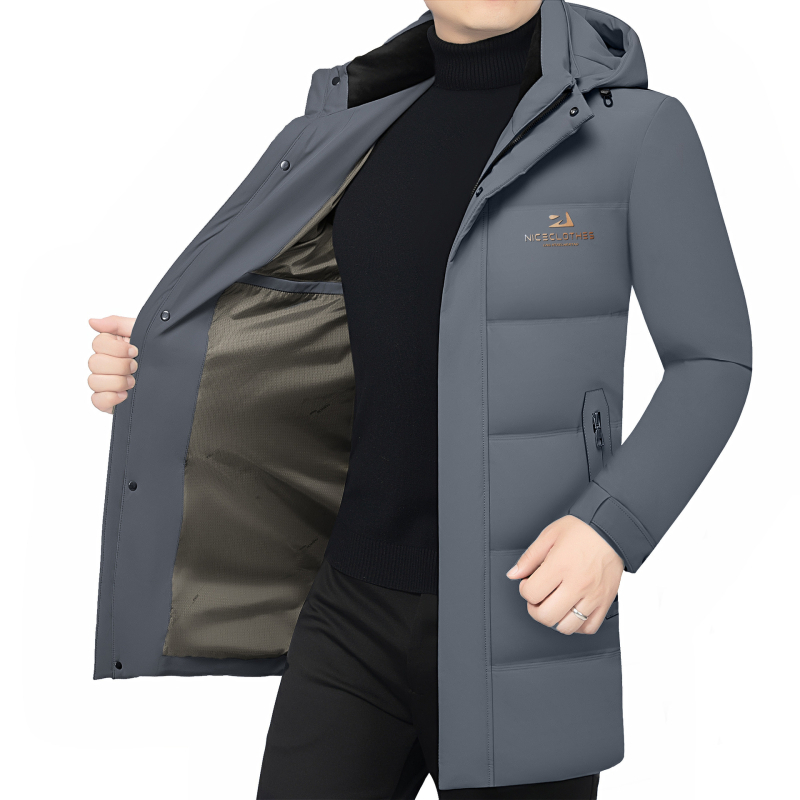 Мъжко дълго пухено яке с качулка, Slim-fit, подвижна подплата, пълнеж бял гъши пух, защита от студ: нормална (-20°C до -5°C)