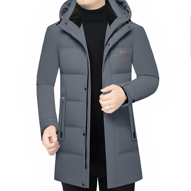 Мъжко дълго пухено яке с качулка, Slim-fit, подвижна подплата, пълнеж бял гъши пух, защита от студ: нормална (-20°C до -5°C)