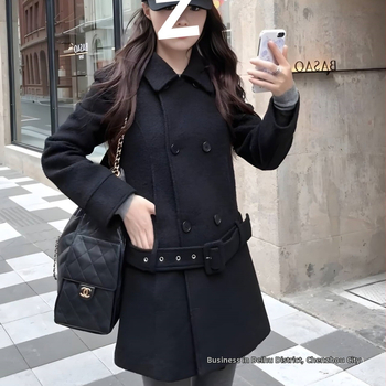 Palton Chenille, culoare solidă, stil japonez-coreean casual, lungime medie, nasturi dubli