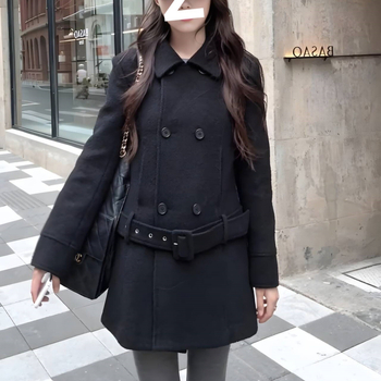 Palton Chenille, culoare solidă, stil japonez-coreean casual, lungime medie, nasturi dubli