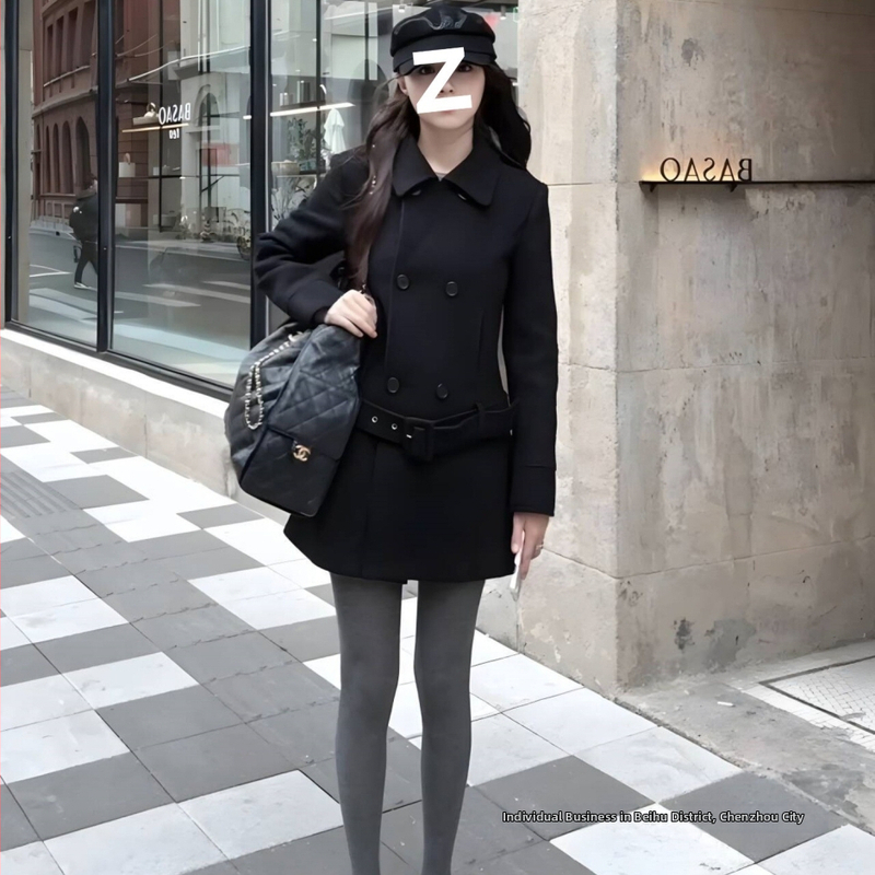 Palton Chenille, culoare solidă, stil japonez-coreean casual, lungime medie, nasturi dubli