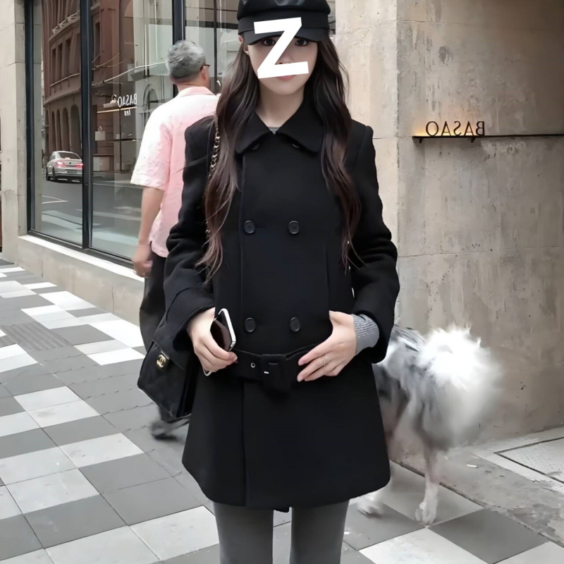 Palton Chenille, culoare solidă, stil japonez-coreean casual, lungime medie, nasturi dubli