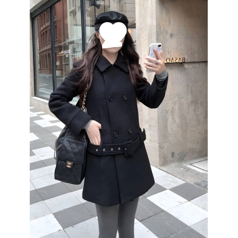 Palton Chenille, culoare solidă, stil japonez-coreean casual, lungime medie, nasturi dubli