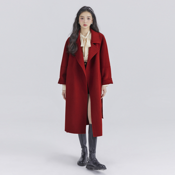 Женско палто от вълна, дълго, свободен силует, костюмска яка, закопчаване с връзки
