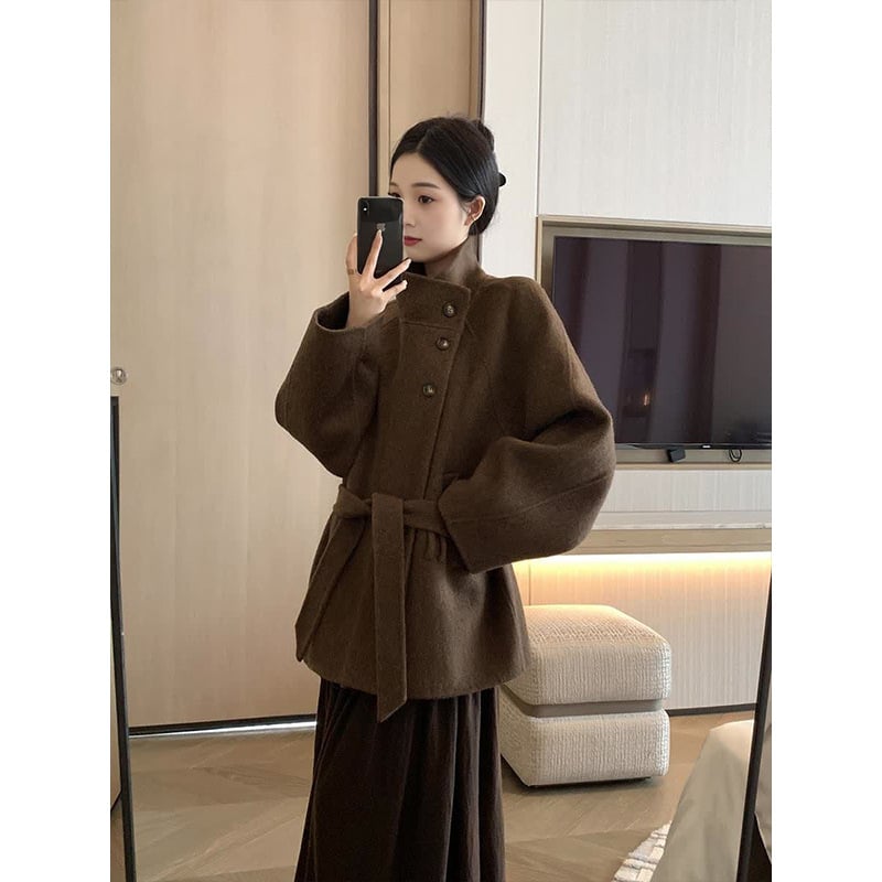 Palton scurt Chenille pentru femei, guler de blană, iarna 2025, amestec Spandex, șnur de strângere, croi drept, mâneci lungi